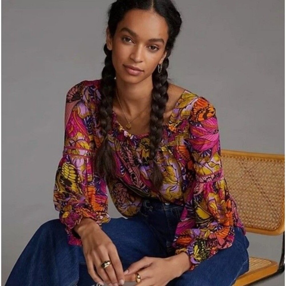 Anthropologie Alexandra Farmer Floral Butterfly Puff Sleeve Blouse Medium Boho